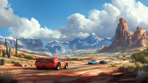 Sports cars race across desert highway under distant mountains