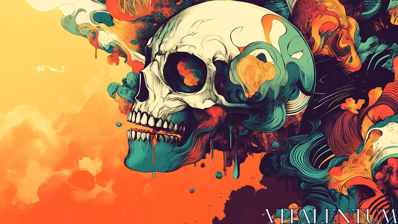 Surreal skull dissolves into neon fluid abstract shapes.