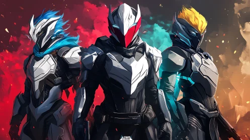 Armored trio stand united amid fire and neon storms