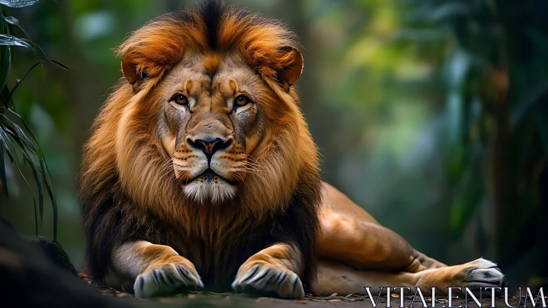 Male lion lies on forest floor in sharp frontal view