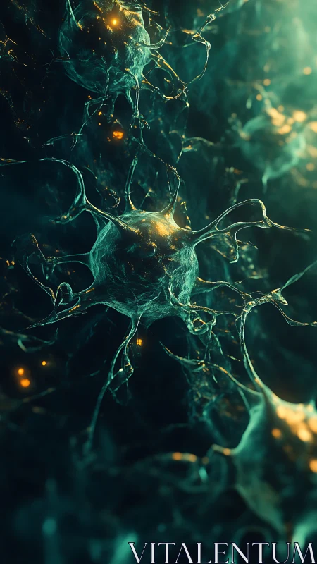 Rendered neural structures extend through a dark abstract field