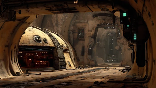 Subterranean desert hangar with retro-futurist control dome.