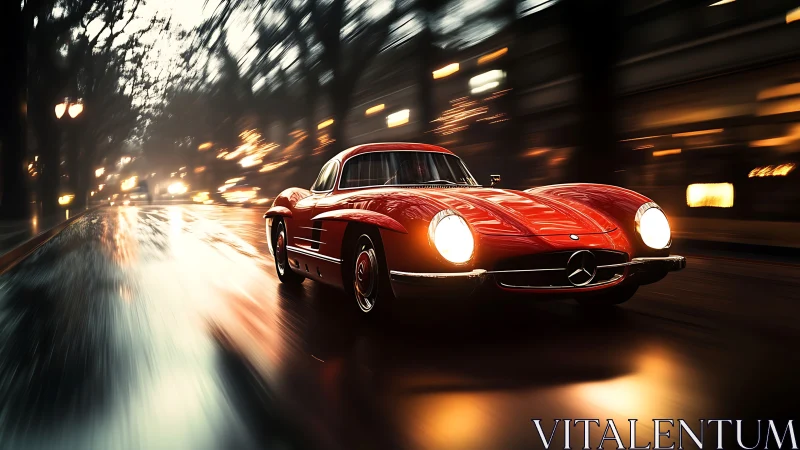Classic red Mercedes speeds through rain-lit city streets.