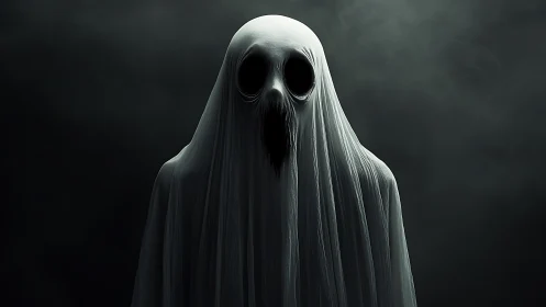 Spectral figure in draped shroud with hollowed void face.