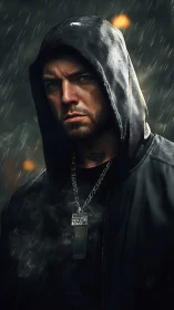 Rain-hardened gaze carves defiance through the neon gloom