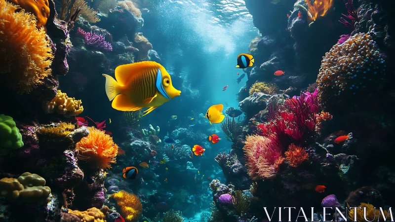 Sunlit coral canyon alive with curious tropical fish.