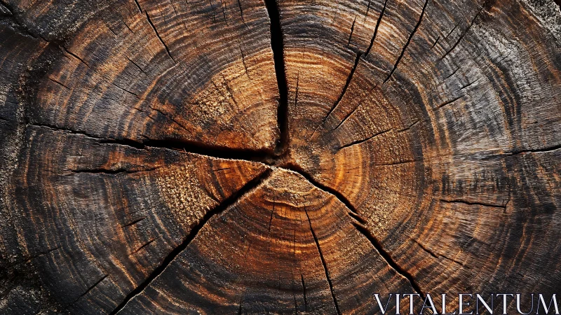 Weathered tree trunk cross-section reveals cracked growth rings