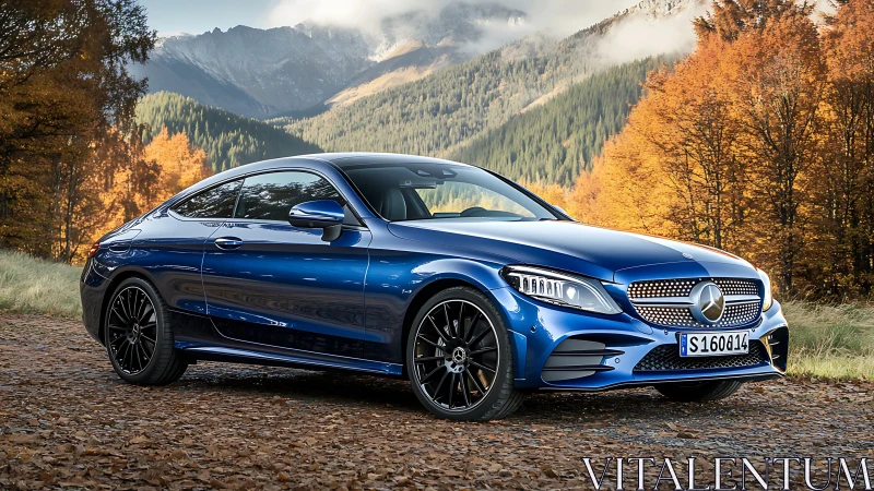 Blue luxury coupe stands on mountain road in autumn forest