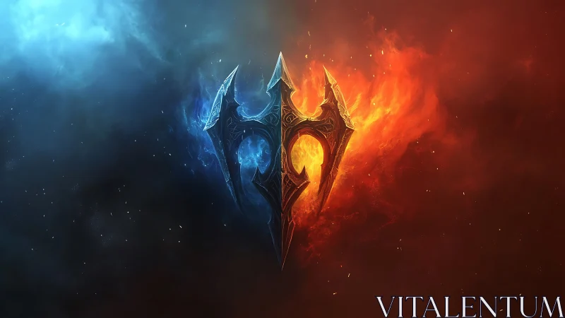 Fiery and icy trident sigil amid swirling cosmic mist.