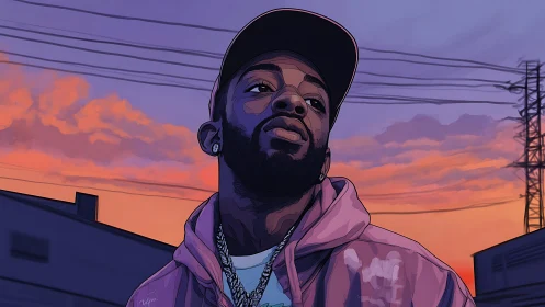 Urban portrait at sunset with hooded figure, vector gradients