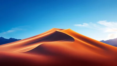 Sunlit desert dune curves glow beneath a deep blue sky.