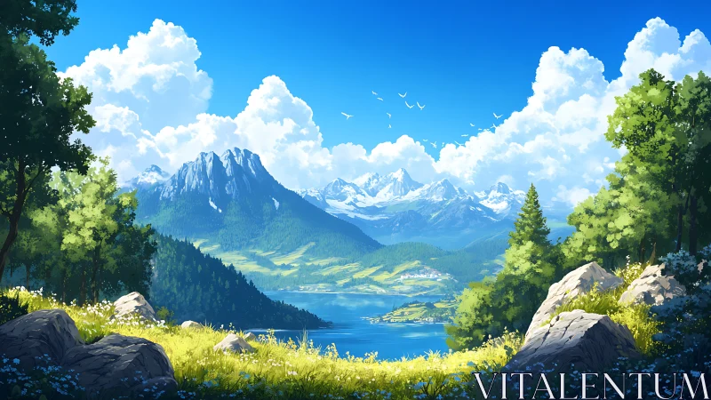 Mountain lake valley is depicted with layered landscape depth