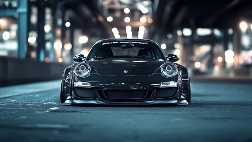 Night-lit sports car waits low and sleek beneath city lights