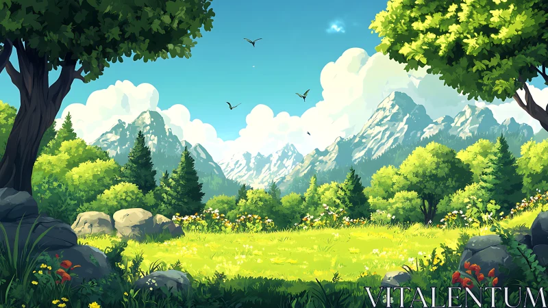 Lush alpine meadow under stylized volumetric light and layered peaks