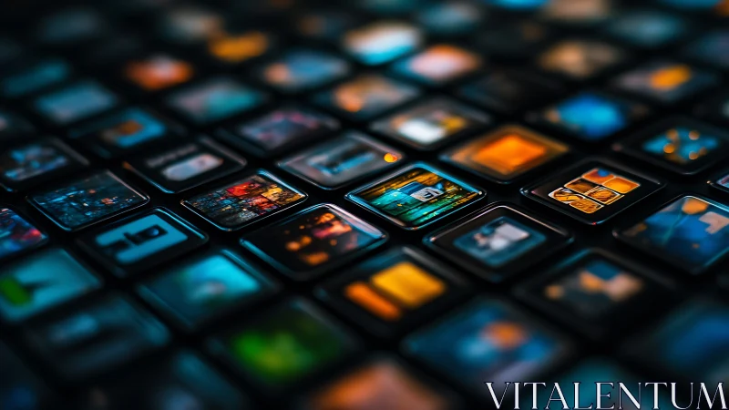 Colorful app icons grid with depth and soft bokeh focus.
