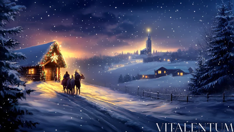 Starlit sleigh road to a glowing winter chapel horizon.