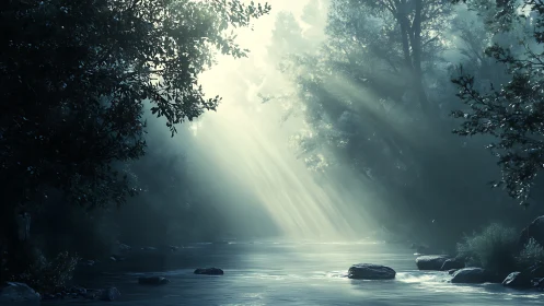 Forest river caught in silver dawn and whispered sunbeams.
