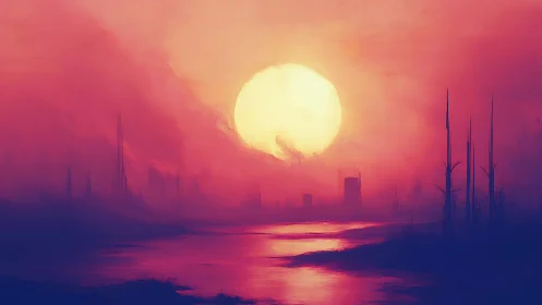 Large sun over stylized river and distant vertical forms.