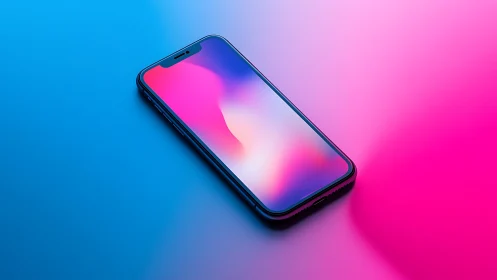 Modern smartphone displays gradient on vibrant blue to pink background