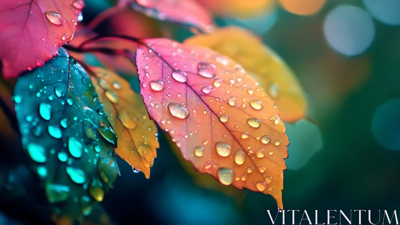 Raindrop jewels on neon autumn leaves in dreamy bokeh hush.