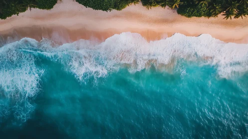 Tropical shoreline shows turquoise waves breaking on sand