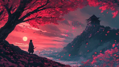 Samurai under red trees facing distant hill temple.