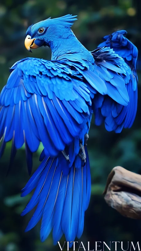 Blue parrot spreads vivid wings against soft forest bokeh