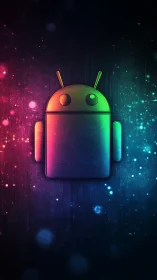 Android robot emblem in neon RGB gradient on dark tech field