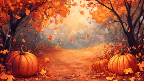 Autumn forest path with pumpkins under dense orange foliage