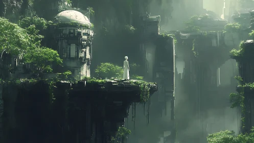 Solitary wanderer pauses above mist-wrapped techno-ruins