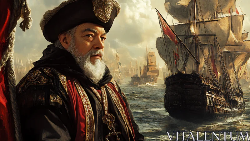 Regal naval commander surveys an advancing armada at sea