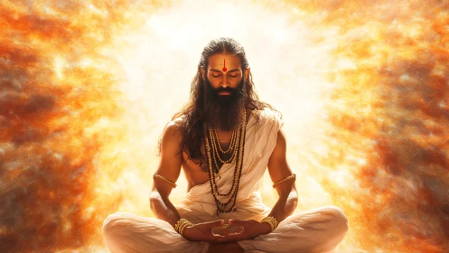 Ascetic yogi in radiant fractal aura during deep meditation.