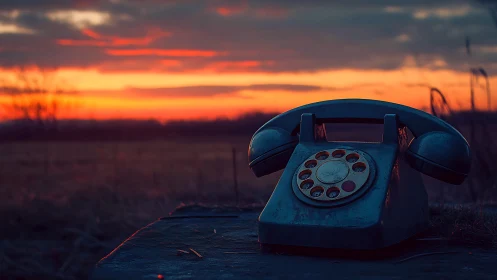 Vintage rotary phone rests under a glowing rural sunset.