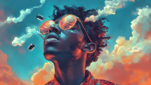 Vibrant digital portrait merges neon sky reflections in sunglasses