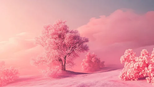 Dreamy pink trees glow softly in a pastel sunrise landscape