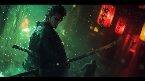 Lone samurai in neon rainlit alley poised for quiet justice.