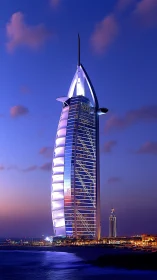 Sail-shaped coastal skyscraper under twilight sky.