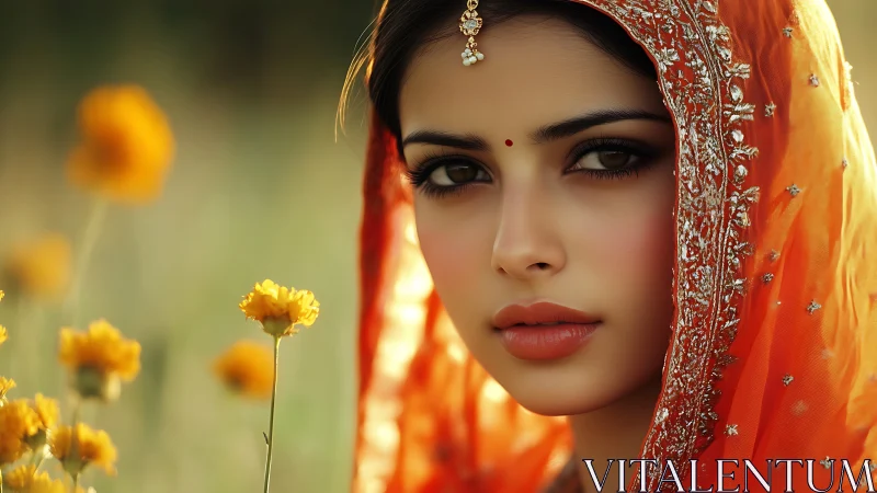 Portrait of woman in orange dupatta among yellow flowers.