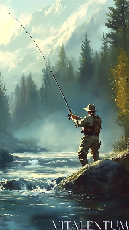 Fluvial fly-fishing study beneath glaciated alpine massif.