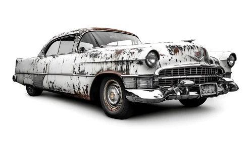 Heavily weathered vintage sedan exhibits advanced surface corrosion