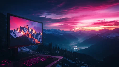 Ultrawide monitor frames neon dusk mountains in cinematic contrast