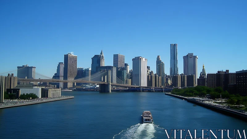 Brooklyn Bridge and city skyline over calm daytime river.