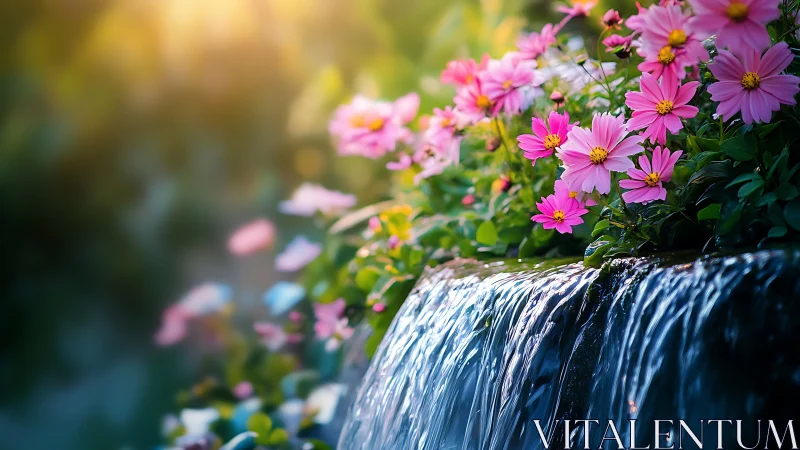 Sunlit pink garden blooms beside a gentle, sparkling fall.