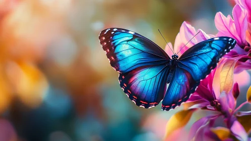Iridescent blue butterfly rests among vivid pink blossoms.