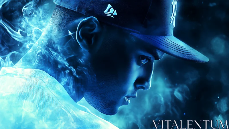Intense blue portrait of a focused man in glowing smoke