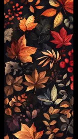 Autumn foliage pattern with warm gradient leaves on black.