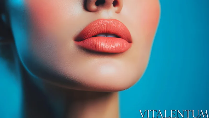 Close-up of woman's lips with coral lipstick, modern vibrant style.