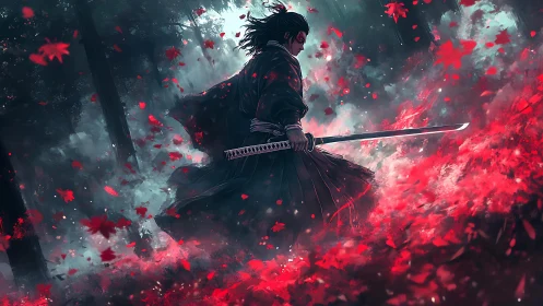 Samurai figure stands in red foliage within dense forest