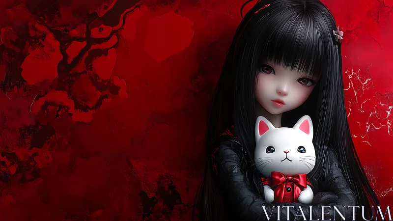 Gothic anime girl holding white cat plush on red wall.