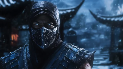 Frozen warrior stands strong in a stormy midnight temple.